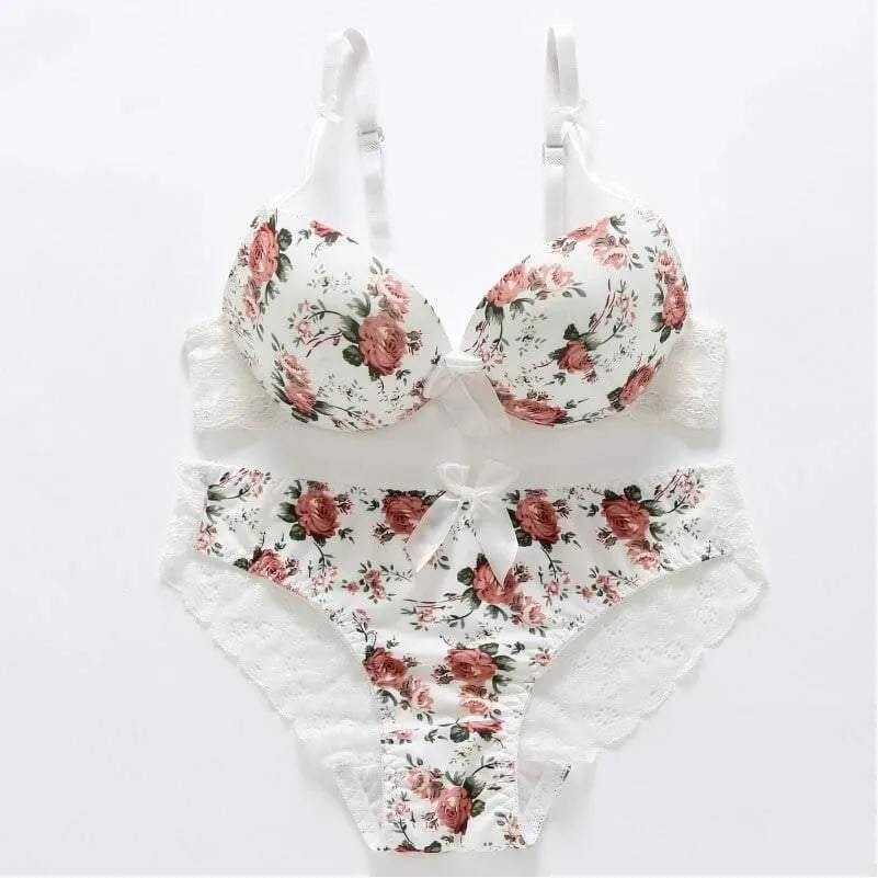 Women Floral Underwire Padded Push Up Bra & Panty Set