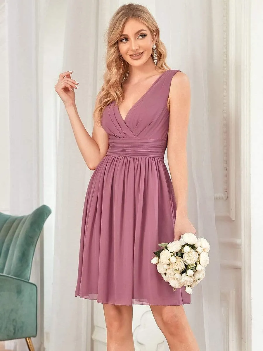 Women Sleeveless V Neck Short Bridesmaid Dress