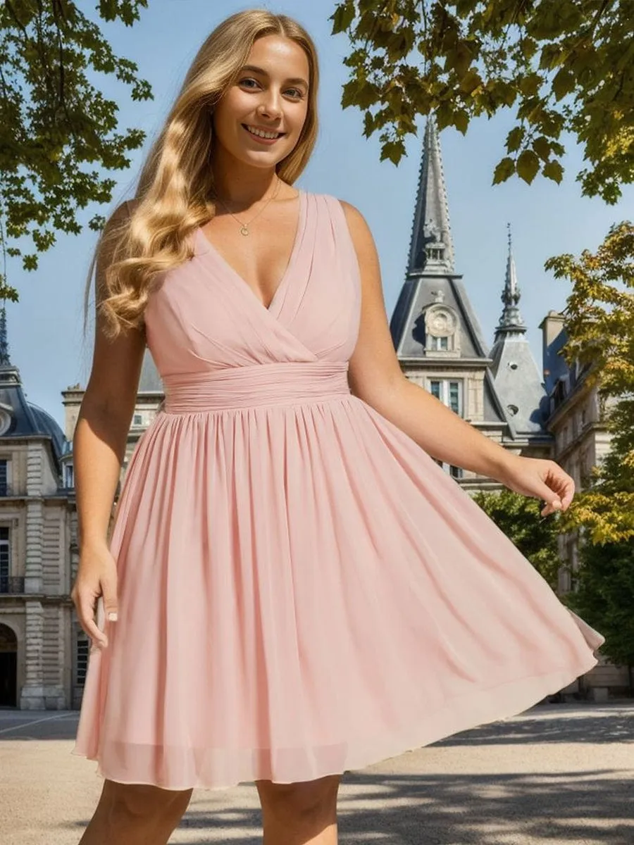 Women Sleeveless V Neck Short Bridesmaid Dress