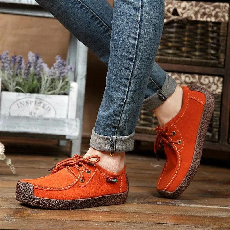 Women Suede Lace-up Flats Leather Loafer Boat Shoes Casual Comfortable Soft Shoes Camping Hiking Travel