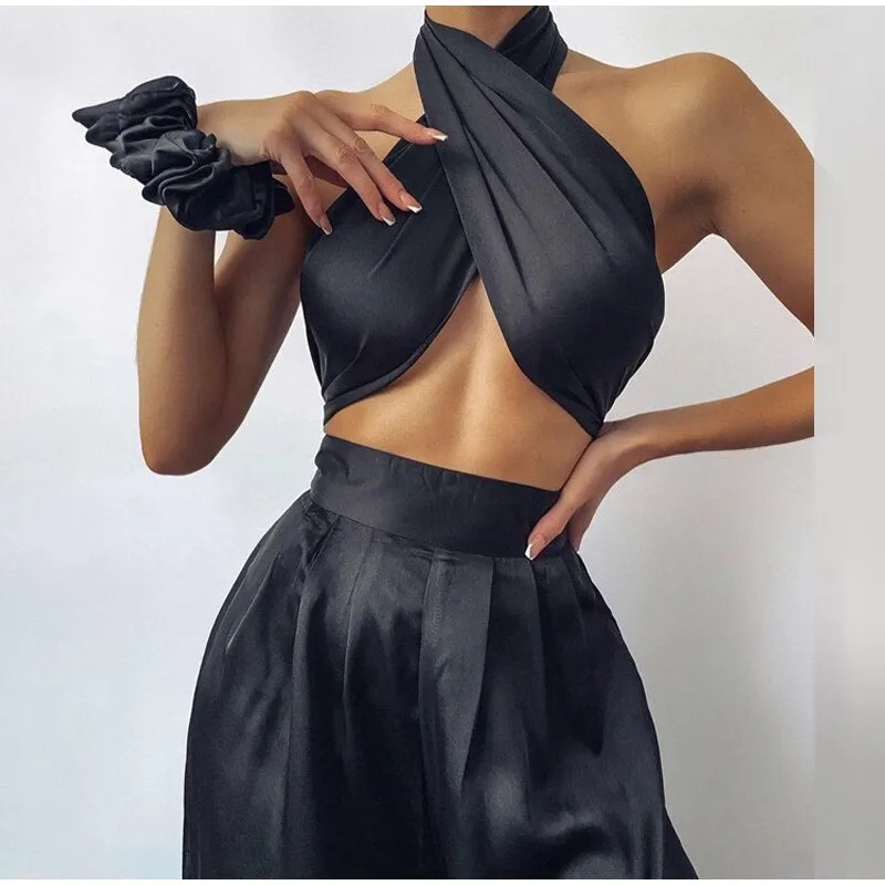 Y2K Halter Bandage Top Women Satin Crop Tops