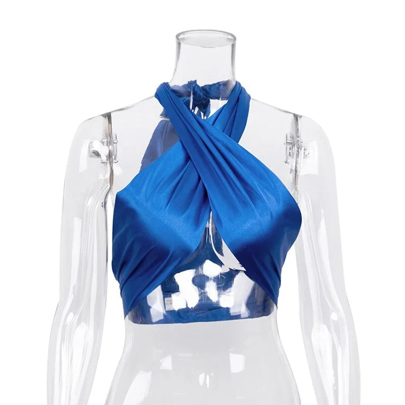 Y2K Halter Bandage Top Women Satin Crop Tops