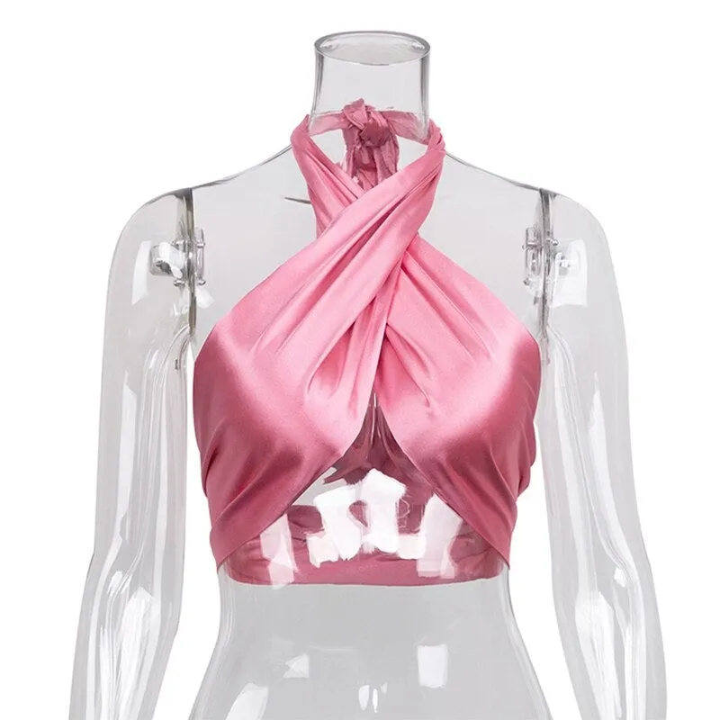 Y2K Halter Bandage Top Women Satin Crop Tops